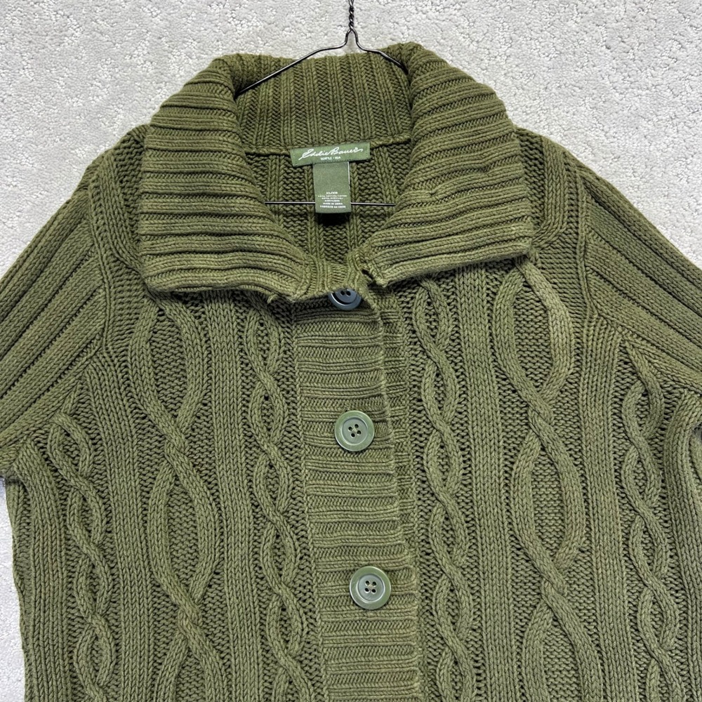Eddie Bauer Cardigan‎ Sweater Womens XL Green Cable Knit Button Front Fisherman - Picture 3 of 13